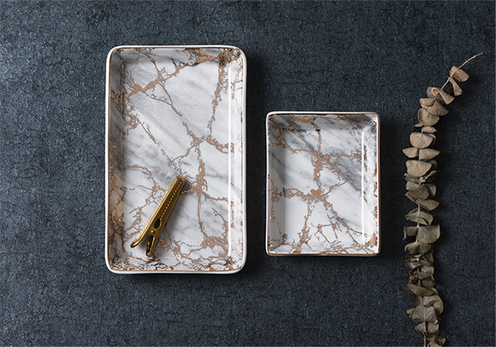 Marble Ceramic Tray with Gold Inlay